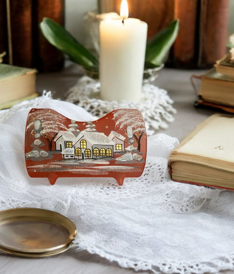 Orange Glass Single Candle Holder, Hand Crafted in Ukraine, White Cabin Winter Wonderland, Wonderful Year Round