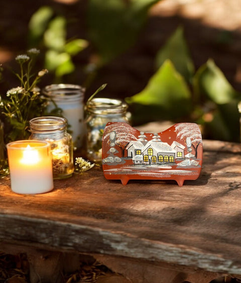 Orange Glass Single Candle Holder, Hand Crafted in Ukraine, White Cabin Winter Wonderland, Wonderful Year Round