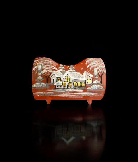 Orange Glass Single Candle Holder, Hand Crafted in Ukraine, White Cabin Winter Wonderland, Wonderful Year Round
