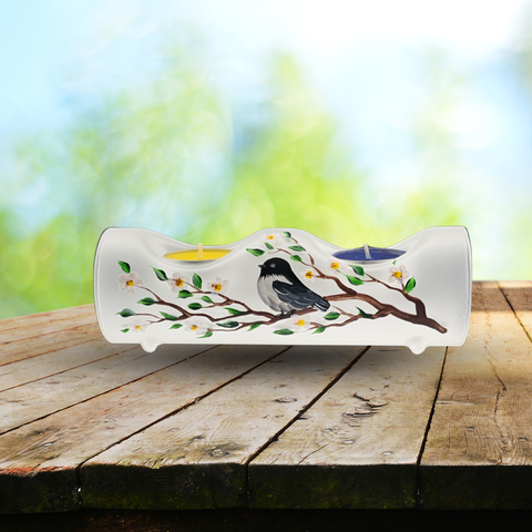 Frosted Glass Double Candle Holder, Hand Crafted in Ukraine, Chickadee Design, Wonderful Year Round