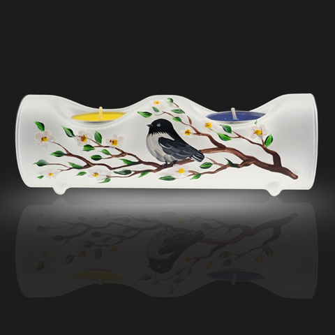 Frosted Glass Double Candle Holder, Hand Crafted in Ukraine, Chickadee Design, Wonderful Year Round