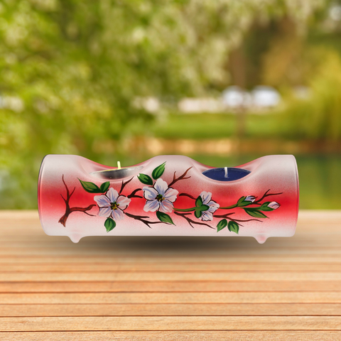 Red Glass Double Candle Holder - Dogwood Flower  Yule Log