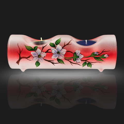 Red Glass Double Candle Holder - Dogwood Flower  Yule Log