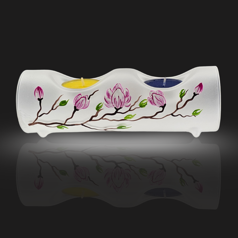 Frosted Glass Double Candle Holder, Hand Crafted in Ukraine, Magnolia Flower Design, Wonderful Year Round