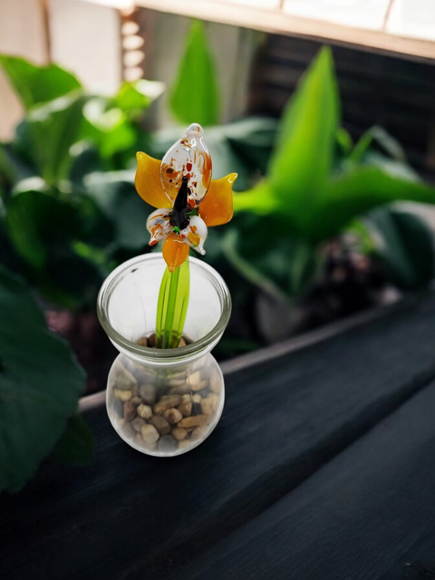 Yellow Glass Orchid - Handcrafted Short Stem Flower