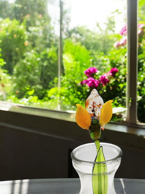 Yellow Glass Orchid - Handcrafted Short Stem Flower