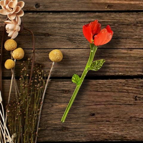 Red Glass Poppy Flower - Handcrafted Short Stem Flower