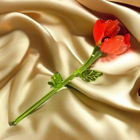 Red Glass Poppy Flower - Handcrafted Short Stem Flower