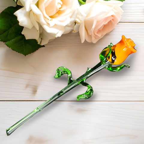 Orange Glass Rose, Handcrafted Glass Flower, Hand Made In Ukraine Using Murano Quality Glass, Great Gift For Flower Lovers, 6 Inch Rose