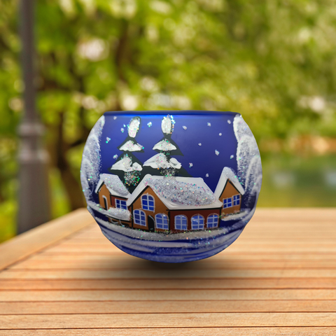 Medium Blue Glass Candle Holder, Hand Crafted in Ukraine, Brown Cabins, Wonderful Year Round