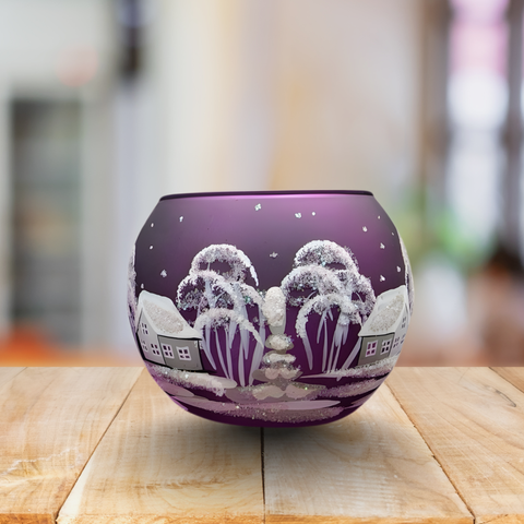 Small Purple Glass Candle Holder, Hand Crafted in Ukraine, White Cabin Winter Wonderland, Wonderful Year Round