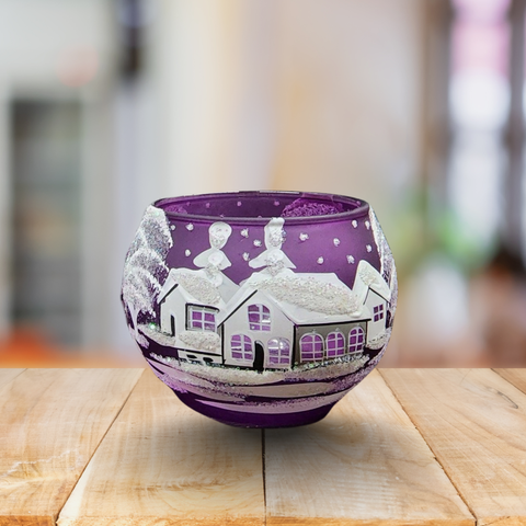 Purple Glass Candle Holder, Hand Crafted in Ukraine, White Cabin Winter Wonderland, Wonderful Year Round