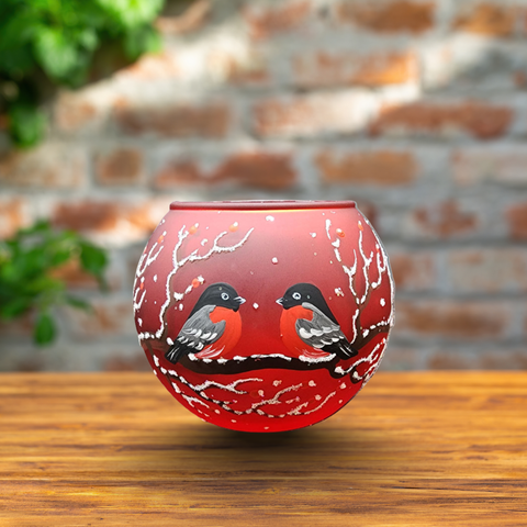 Red - Medium Candle Holder - Finch on wood