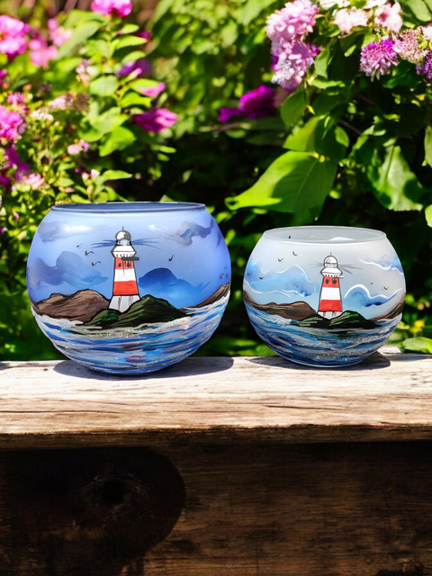 Large Light Blue Glass Candle Holder, Hand Crafted in Ukraine, Lighthouse and Sailboat Design, Wonderful Year Round