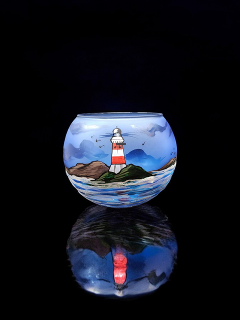 Large Light Blue Glass Candle Holder, Hand Crafted in Ukraine, Lighthouse and Sailboat Design, Wonderful Year Round