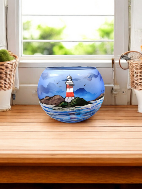Large Light Blue Glass Candle Holder, Hand Crafted in Ukraine, Lighthouse and Sailboat Design, Wonderful Year Round