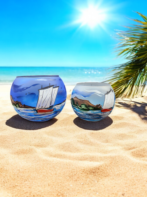 Large Light Blue Glass Candle Holder, Hand Crafted in Ukraine, Lighthouse and Sailboat Design, Wonderful Year Round