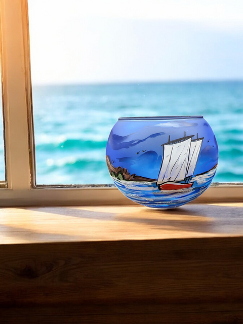 Large Light Blue Glass Candle Holder, Hand Crafted in Ukraine, Lighthouse and Sailboat Design, Wonderful Year Round