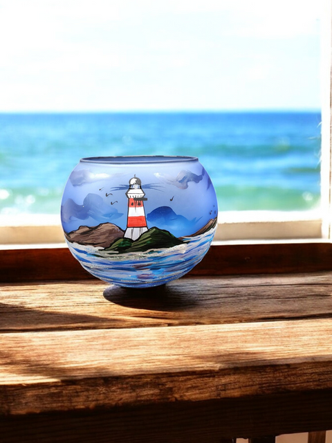 Large Light Blue Glass Candle Holder, Hand Crafted in Ukraine, Lighthouse and Sailboat Design, Wonderful Year Round