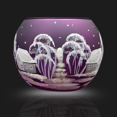 Purple Glass Candle Holder, Hand Crafted in Ukraine, White Cabin Winter Wonderland, Wonderful Year Round