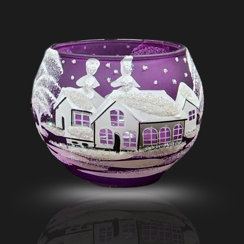 Purple Glass Candle Holder, Hand Crafted in Ukraine, White Cabin Winter Wonderland, Wonderful Year Round