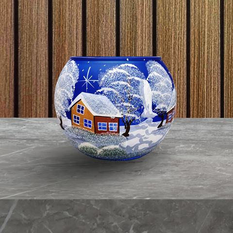 Blue Glass Candle Holder, Hand Crafted in Ukraine, Brown Cabin Winter Wonderland, Wonderful Year Round