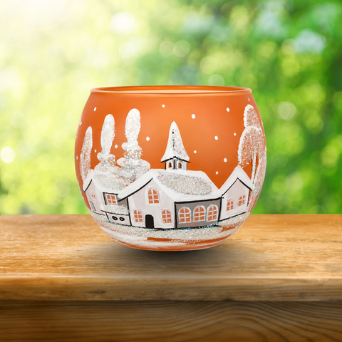 Medium Orange Glass Candle Holder, Hand Crafted in Ukraine, White Church Winter Wonderland, Wonderful Year Round