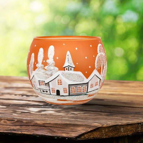 Small Orange Glass Candle Holder, Hand Crafted in Ukraine, White Church Winter Wonderland, Wonderful Year Round