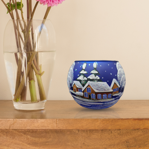 Medium Blue Glass Candle Holder, Hand Crafted in Ukraine, Brown Cabins, Wonderful Year Round
