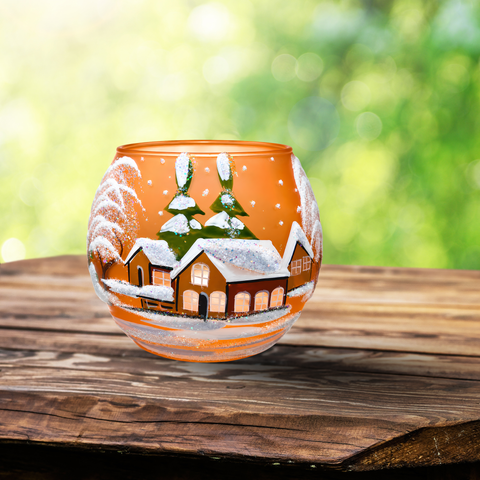 Medium Orange Glass Candle Holder, Hand Crafted in Ukraine, Brown Cabins, Wonderful Year Round