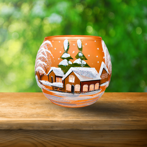 Medium Orange Glass Candle Holder, Hand Crafted in Ukraine, Brown Cabins, Wonderful Year Round