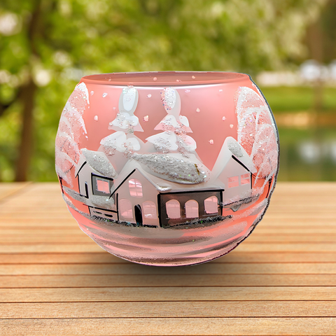 Medium Pink Salmon Glass Candle Holder, Hand Crafted in Ukraine, White Cabin Winter Wonderland, Wonderful Year Round