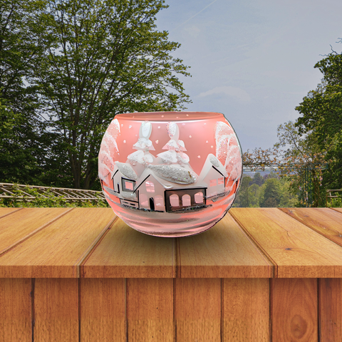 Medium Pink Salmon Glass Candle Holder, Hand Crafted in Ukraine, White Cabin Winter Wonderland, Wonderful Year Round