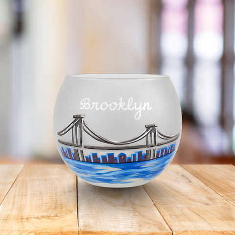 Medium Frosted Glass Candle Holder, Hand Crafted in Ukraine, Brooklyn Bridge Design, Wonderful Year Round