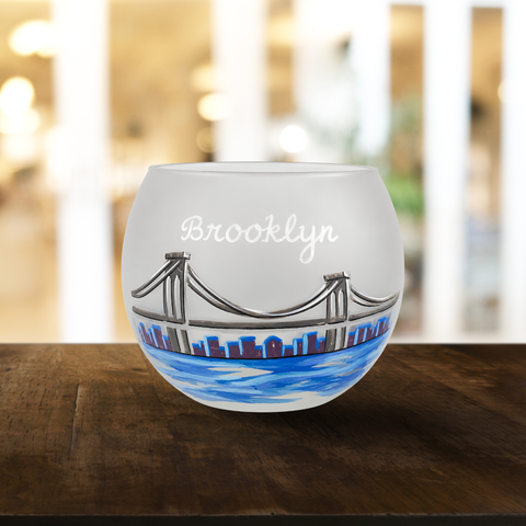 Medium Frosted Glass Candle Holder, Hand Crafted in Ukraine, Brooklyn Bridge Design, Wonderful Year Round