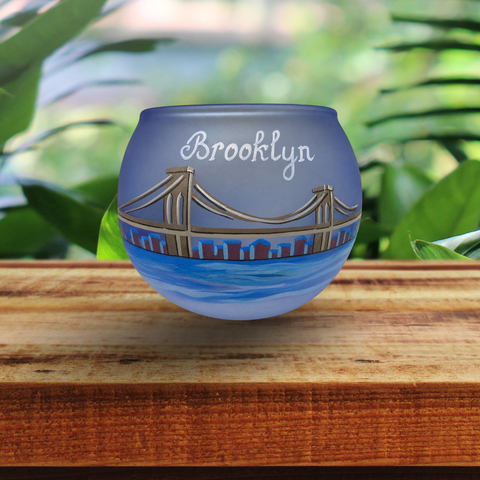 Medium Light Blue Glass Candle Holder, Hand Crafted in Ukraine, Brooklyn Bridge Design, Wonderful Year Round