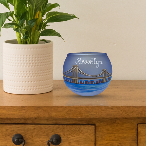 Medium Light Blue Glass Candle Holder, Hand Crafted in Ukraine, Brooklyn Bridge Design, Wonderful Year Round