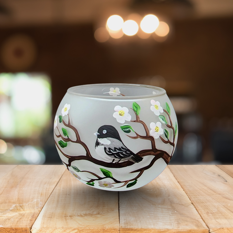 Medium Frosted Glass Candle Holder, Hand Crafted in Ukraine, Chickadee, Wonderful Year Round