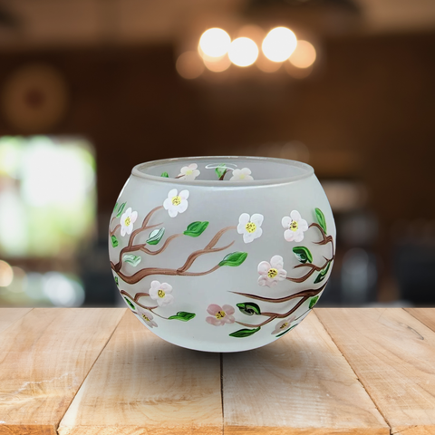 Medium Frosted Glass Candle Holder, Hand Crafted in Ukraine, Chickadee, Wonderful Year Round
