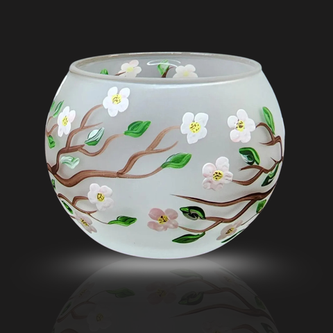 Medium Frosted Glass Candle Holder, Hand Crafted in Ukraine, Chickadee, Wonderful Year Round