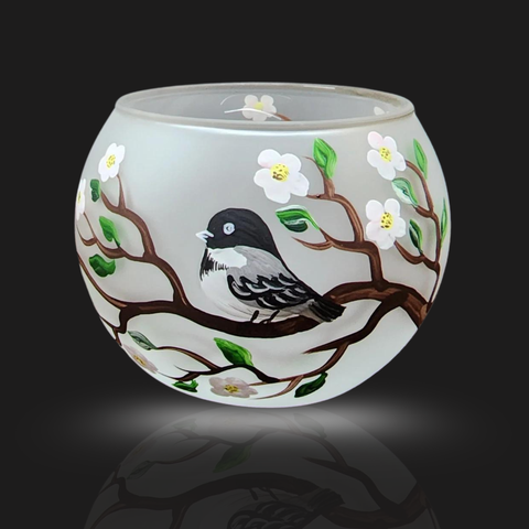 Medium Frosted Glass Candle Holder, Hand Crafted in Ukraine, Chickadee, Wonderful Year Round