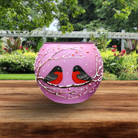 Large Purple Glass Candle Holder, Hand Crafted in Ukraine, Finches on wood Branch, Wonderful Year Round