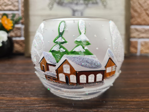 Medium Frosted Glass Candle Holder, Hand Crafted in Ukraine, Brown Cabins, Wonderful Year Round