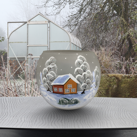Frosted Glass Candle Holder, Hand Crafted in Ukraine, Brown Cabin Winter Wonderland, Wonderful Year Round