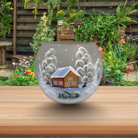 Frosted Glass Candle Holder, Hand Crafted in Ukraine, Brown Cabin Winter Wonderland, Wonderful Year Round