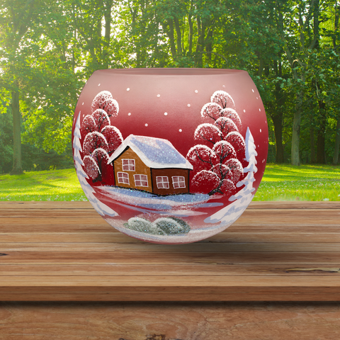 Red Ombre Glass Candle Holder, Hand Crafted in Ukraine, Brown Cabin Winter Wonderland, Wonderful Year Round