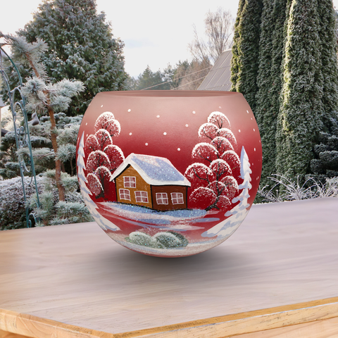 Red Ombre Glass Candle Holder, Hand Crafted in Ukraine, Brown Cabin Winter Wonderland, Wonderful Year Round