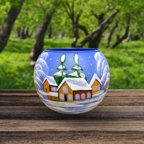 Light Blue Glass Candle Holder, Hand Crafted in Ukraine, Brown Cabin Winter Wonderland, Wonderful Year Round