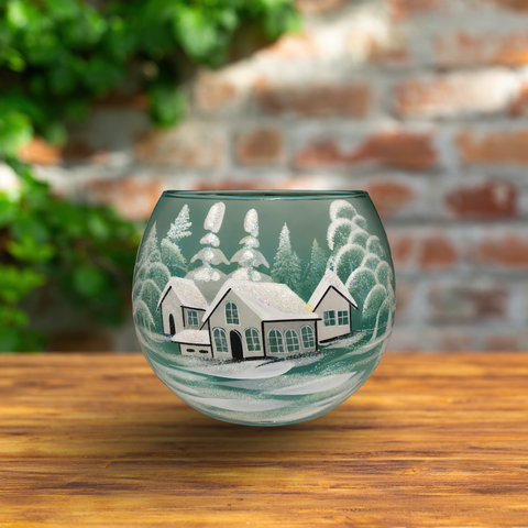 Green Ombre Glass Candle Holder, Hand Crafted in Ukraine, White Cabin Winter Wonderland, Wonderful Year Round