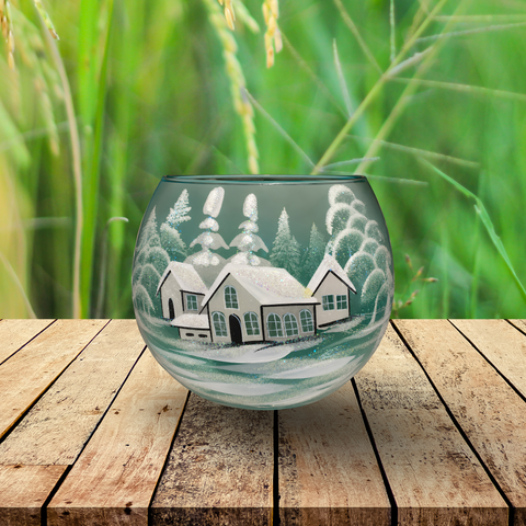Green Ombre Glass Candle Holder, Hand Crafted in Ukraine, White Cabin Winter Wonderland, Wonderful Year Round